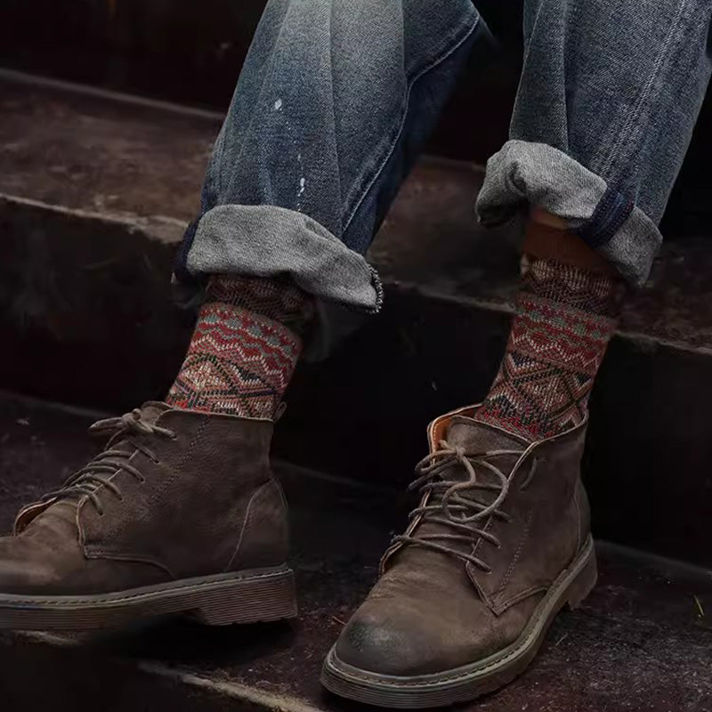 Chaussettes mi-mollet colorées pour l'hiver, chaussettes épaisses en pur coton, chaussettes rétro pour hommes de style ethnique (5 paires, 5 couleurs)