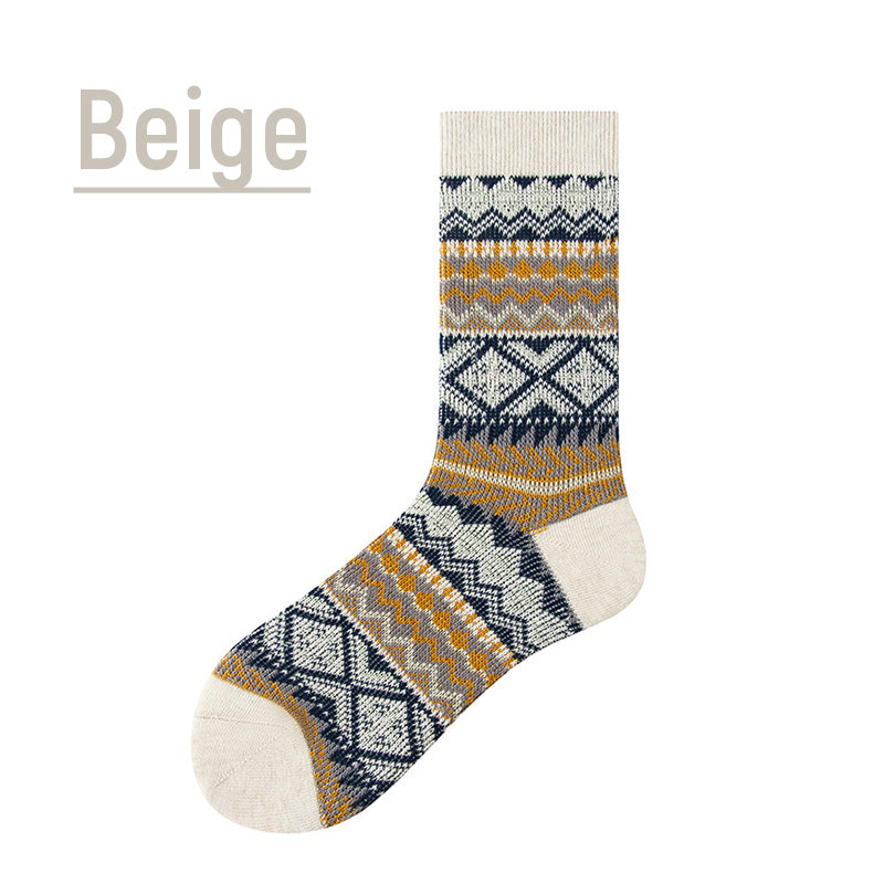 Chaussettes mi-mollet colorées pour l'hiver, chaussettes épaisses en pur coton, chaussettes rétro pour hommes de style ethnique (5 paires, 5 couleurs)