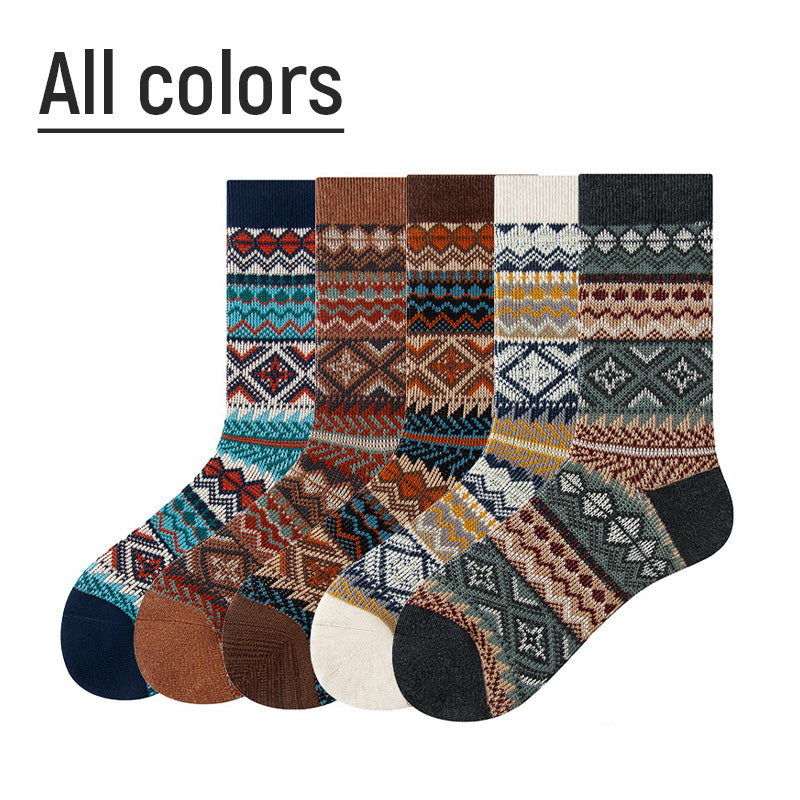 Chaussettes mi-mollet colorées pour l'hiver, chaussettes épaisses en pur coton, chaussettes rétro pour hommes de style ethnique (5 paires, 5 couleurs)