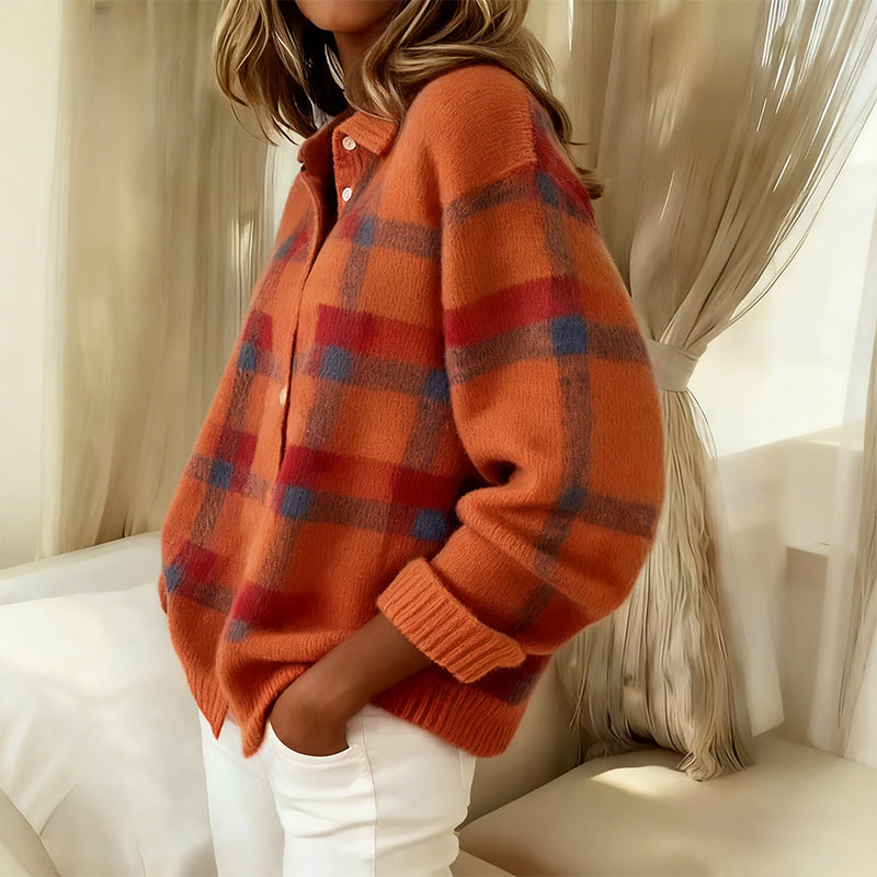 Pull-over à boutons en tricot plaid confortable pour femmes