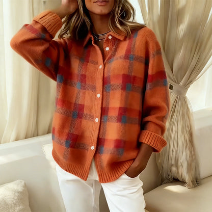 Pull-over à boutons en tricot plaid confortable pour femmes