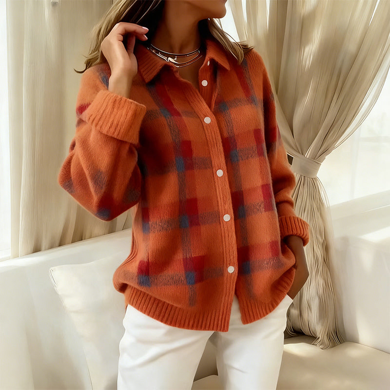Pull-over à boutons en tricot plaid confortable pour femmes