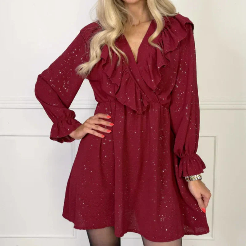 Mini-robe trapèze à volants et encolure en V pour femme