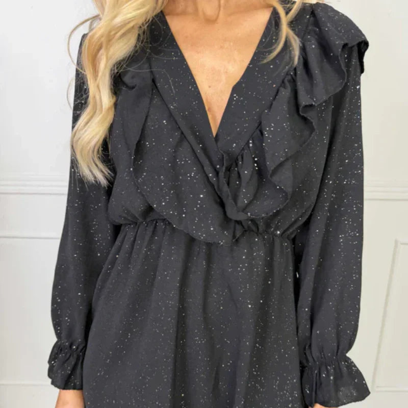 Mini-robe trapèze à volants et encolure en V pour femme