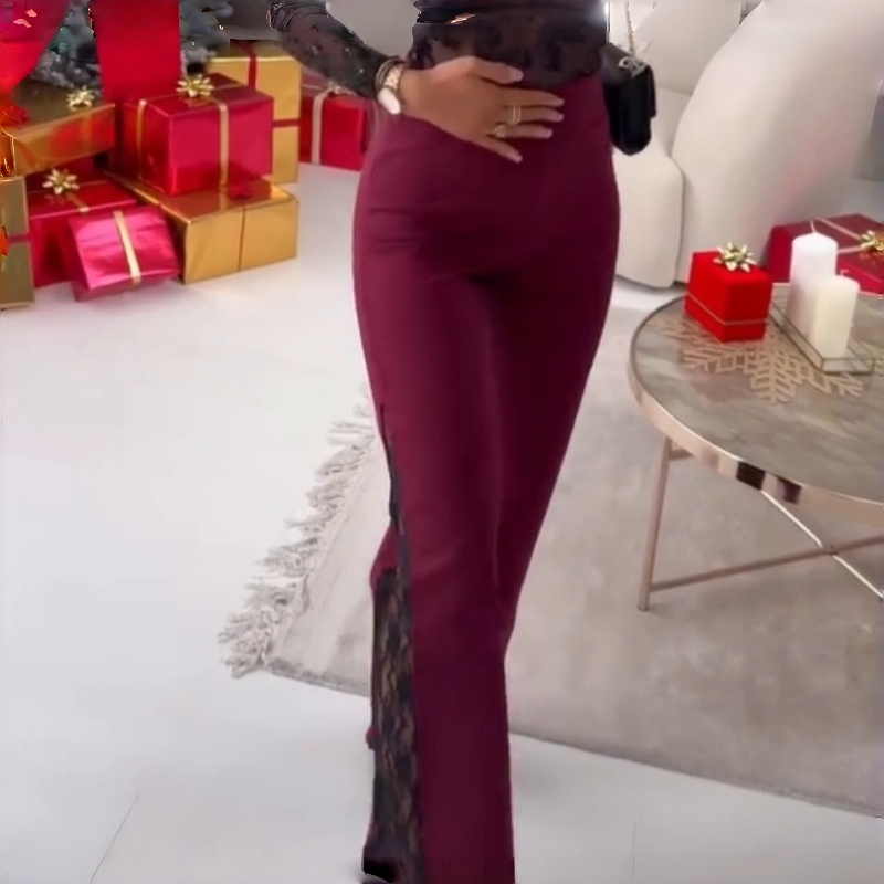 Pantalon à taille haute et bas évasé en dentelle florale pour femme