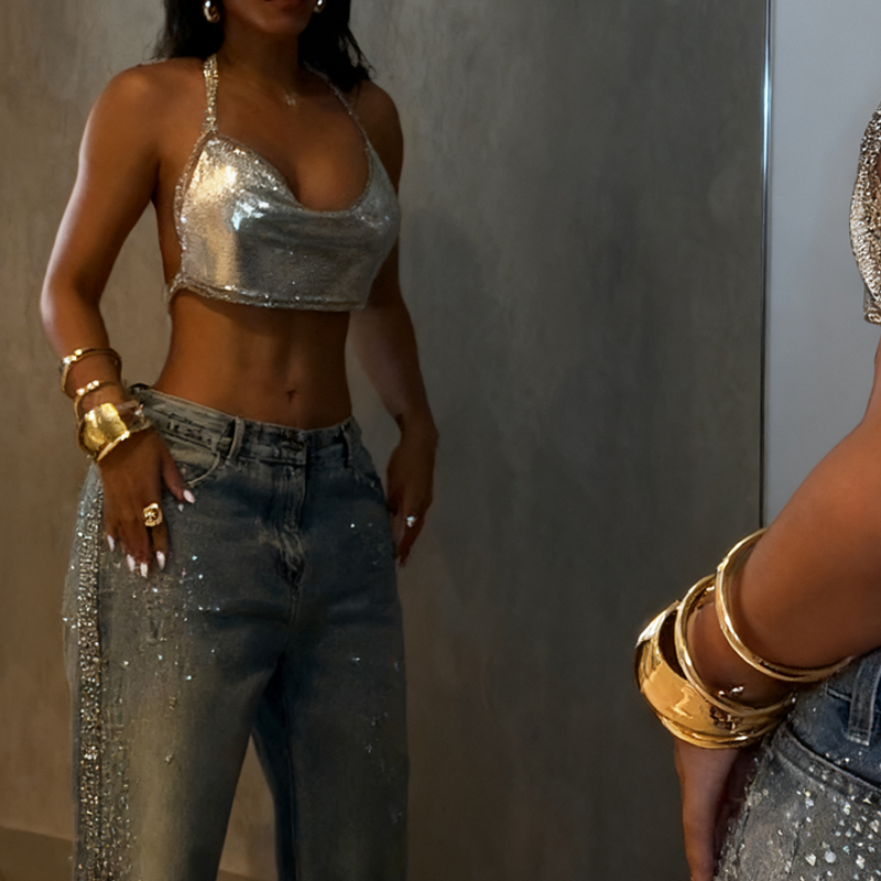 Jean large à strass scintillants pour femme