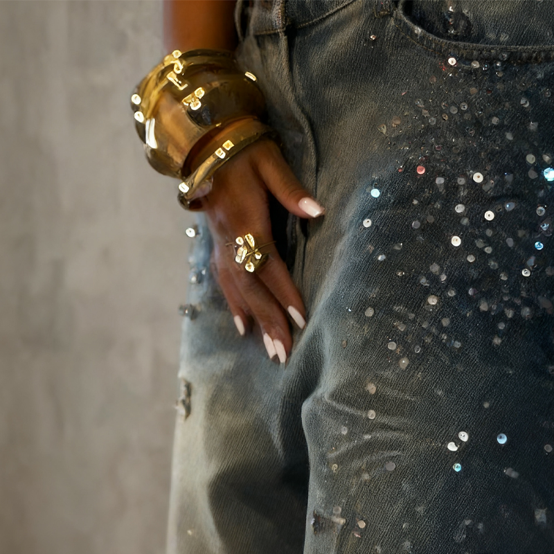 Jean large à strass scintillants pour femme
