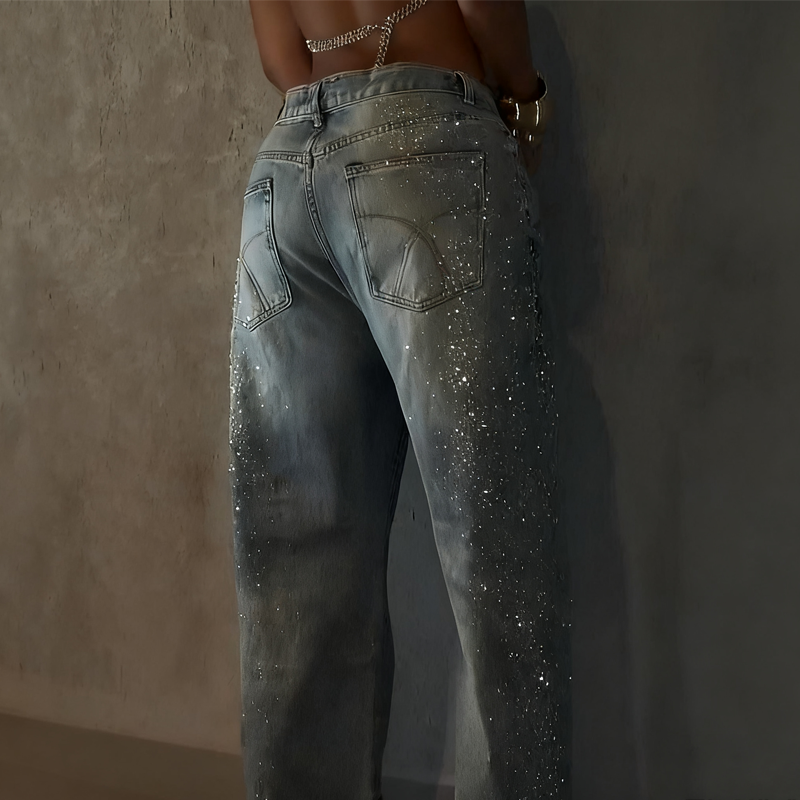 Jean large à strass scintillants pour femme