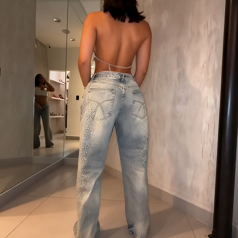 Jean large à strass scintillants pour femme