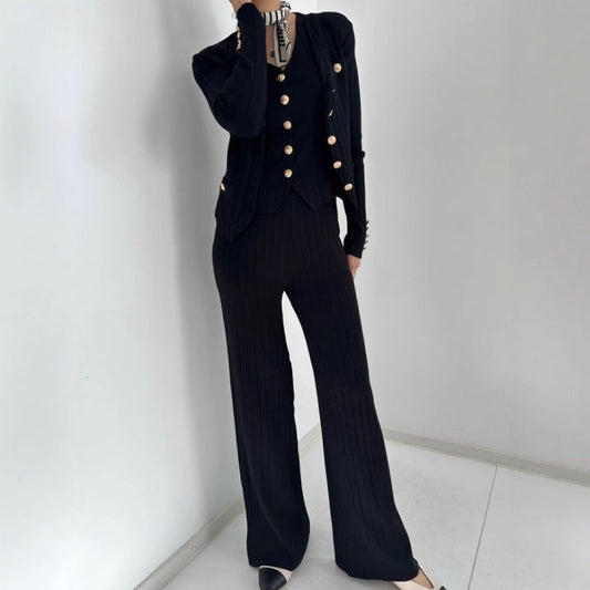 Ensemble 3 pièces pour femme comprenant un cardigan à col en V, un débardeur et un pantalon
