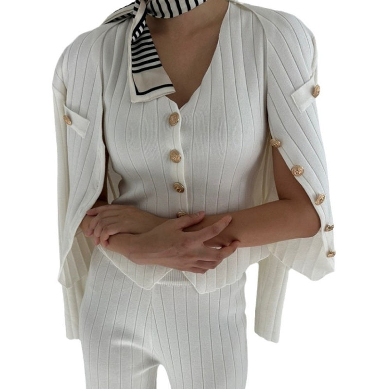 Ensemble 3 pièces pour femme comprenant un cardigan à col en V, un débardeur et un pantalon