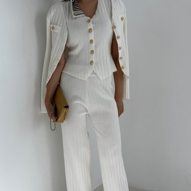 Ensemble 3 pièces pour femme comprenant un cardigan à col en V, un débardeur et un pantalon