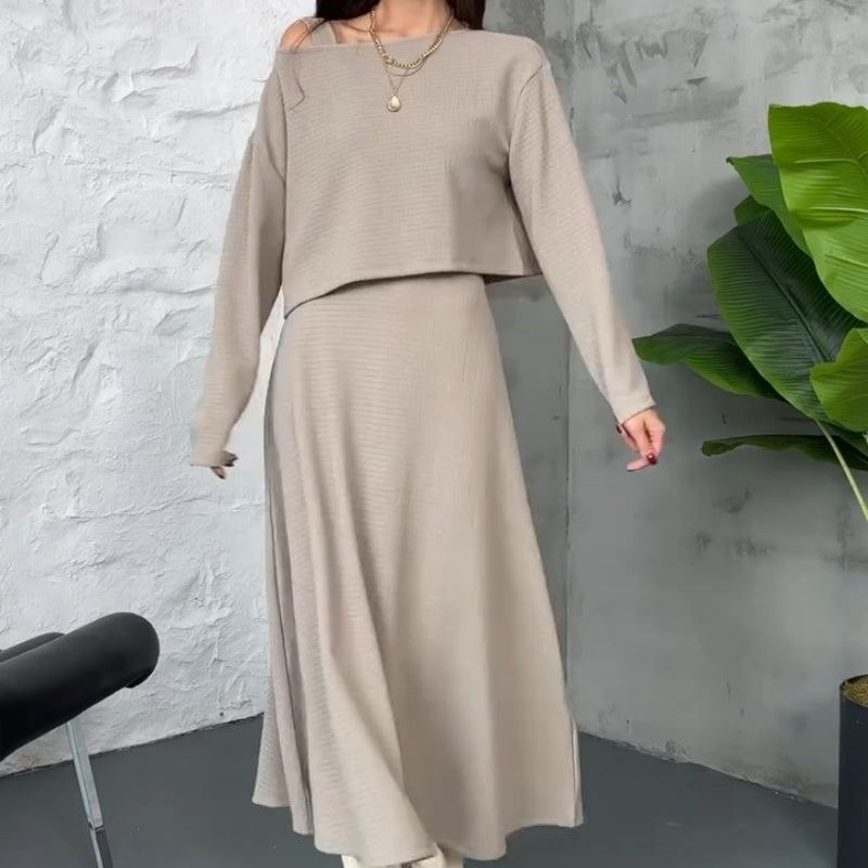 🔥Nouveautés🔥Ensemble 2 pièces tricoté pour femme avec robe mi-longue et haut court