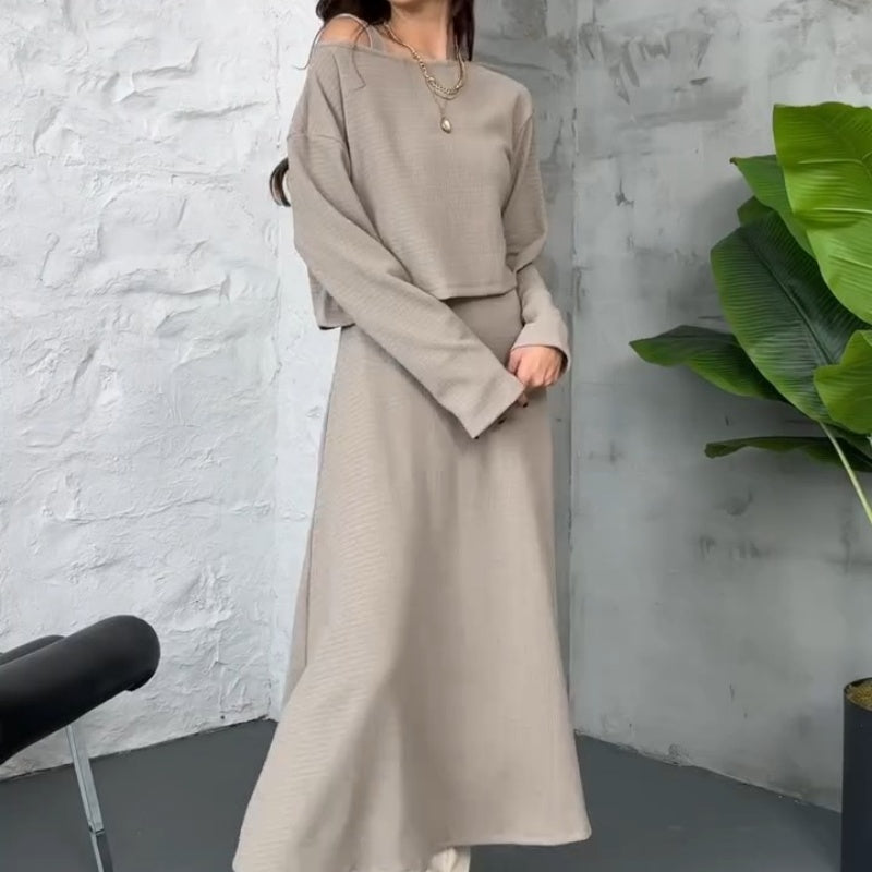 🔥Nouveautés🔥Ensemble 2 pièces tricoté pour femme avec robe mi-longue et haut court