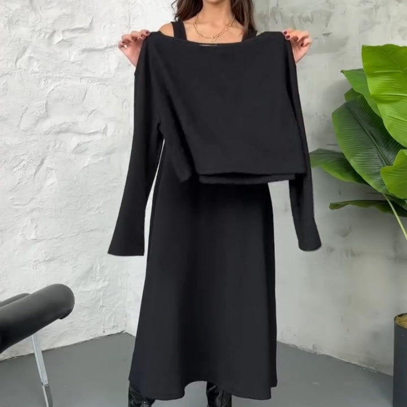 🔥Nouveautés🔥Ensemble 2 pièces tricoté pour femme avec robe mi-longue et haut court
