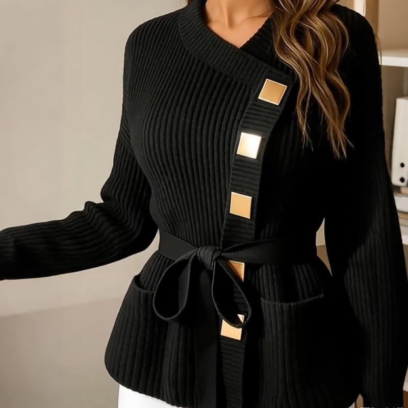 Pull asymétrique à manches longues et ceinture pour femme