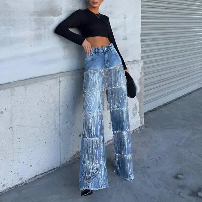 Jeans à franges et paillettes pour femmes