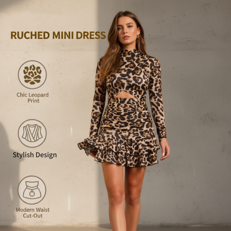 📢📢 60 %  DE RÉDUCTION !! ✨2026Mini-robe froncée à imprimé léopard pour femme