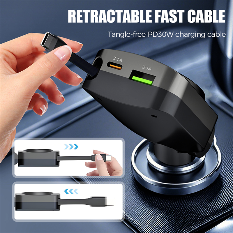 Chargeur rétractable 4 en 1 PD30W pour voiture avec éclairage d'ambiance