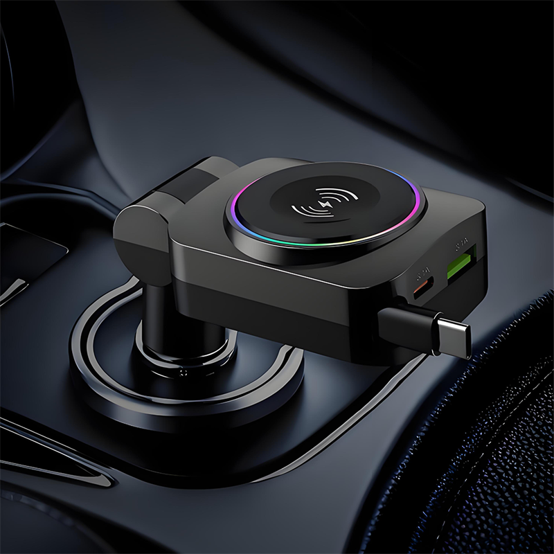 Chargeur rétractable 4 en 1 PD30W pour voiture avec éclairage d'ambiance