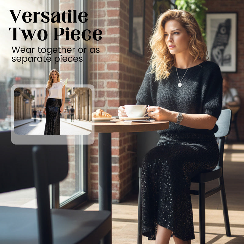 Ensemble deux pièces pour femmes : haut tricoté et jupe à paillettes