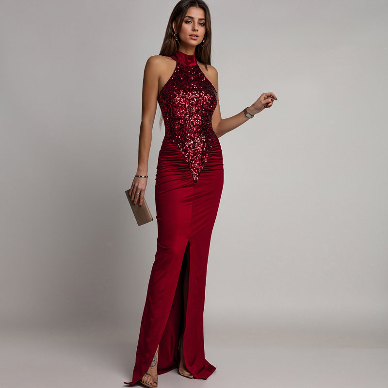 Magnifique robe bustier avec fente et paillettes pour femmes