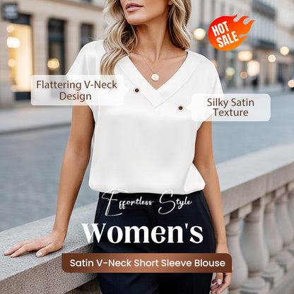 Blouse à manches courtes et col en V en satin pour femme