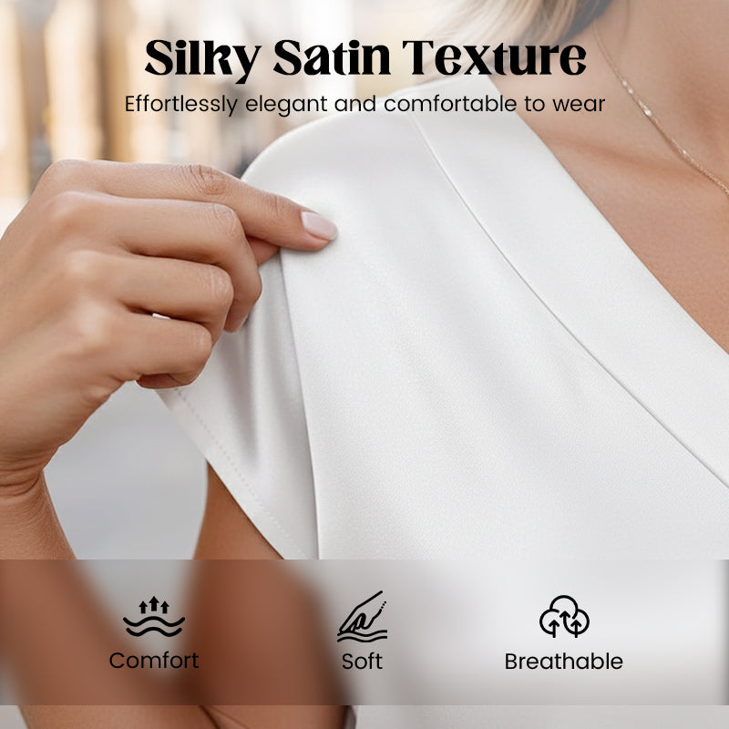 Blouse à manches courtes et col en V en satin pour femme