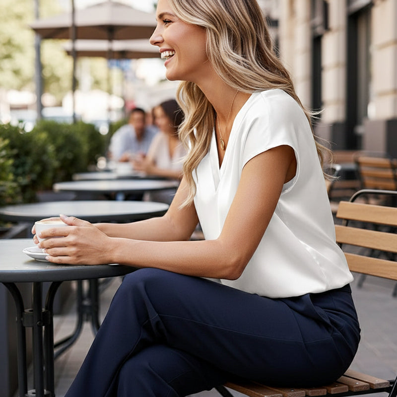 Blouse à manches courtes et col en V en satin pour femme