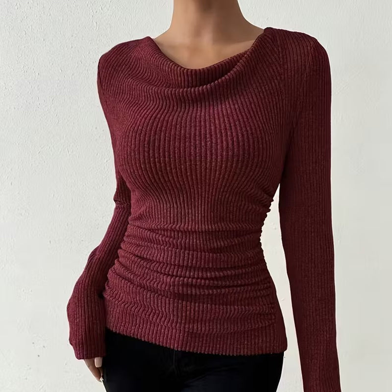 Hauts en tricot à manches longues, col drapé et froncé pour femmes