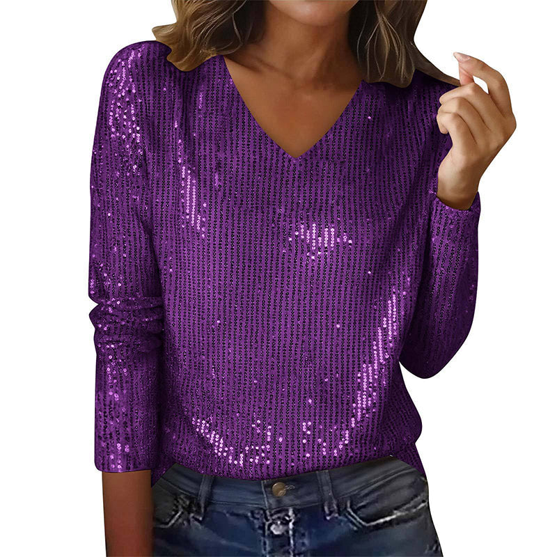 Haut à manches longues et col en V à paillettes pour femme