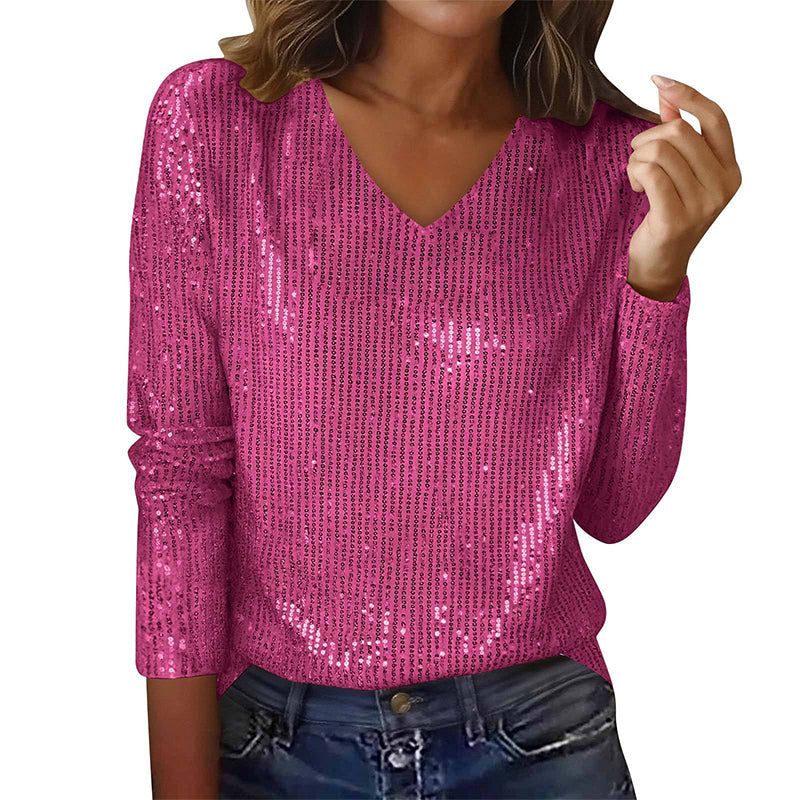 Haut à manches longues et col en V à paillettes pour femme