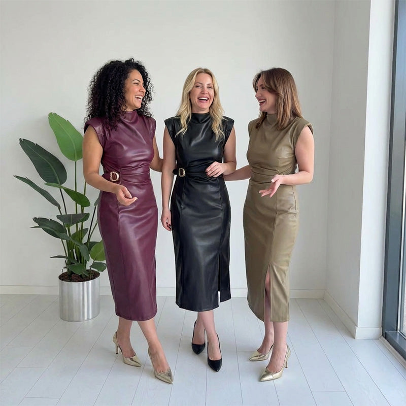 ⏳50 % DE RÉDUCTION MAINTENANT ! 👗💕Robe femme en simili cuir froissé, longueur midi🔥