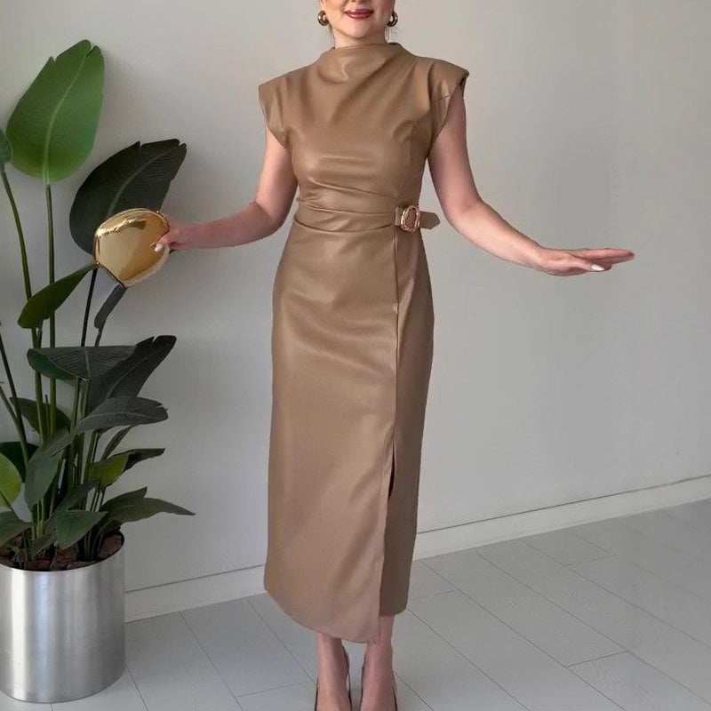 ⏳50 % DE RÉDUCTION MAINTENANT ! 👗💕Robe femme en simili cuir froissé, longueur midi🔥