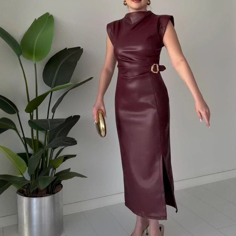 ⏳50 % DE RÉDUCTION MAINTENANT ! 👗💕Robe femme en simili cuir froissé, longueur midi🔥