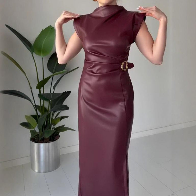 ⏳50 % DE RÉDUCTION MAINTENANT ! 👗💕Robe femme en simili cuir froissé, longueur midi🔥