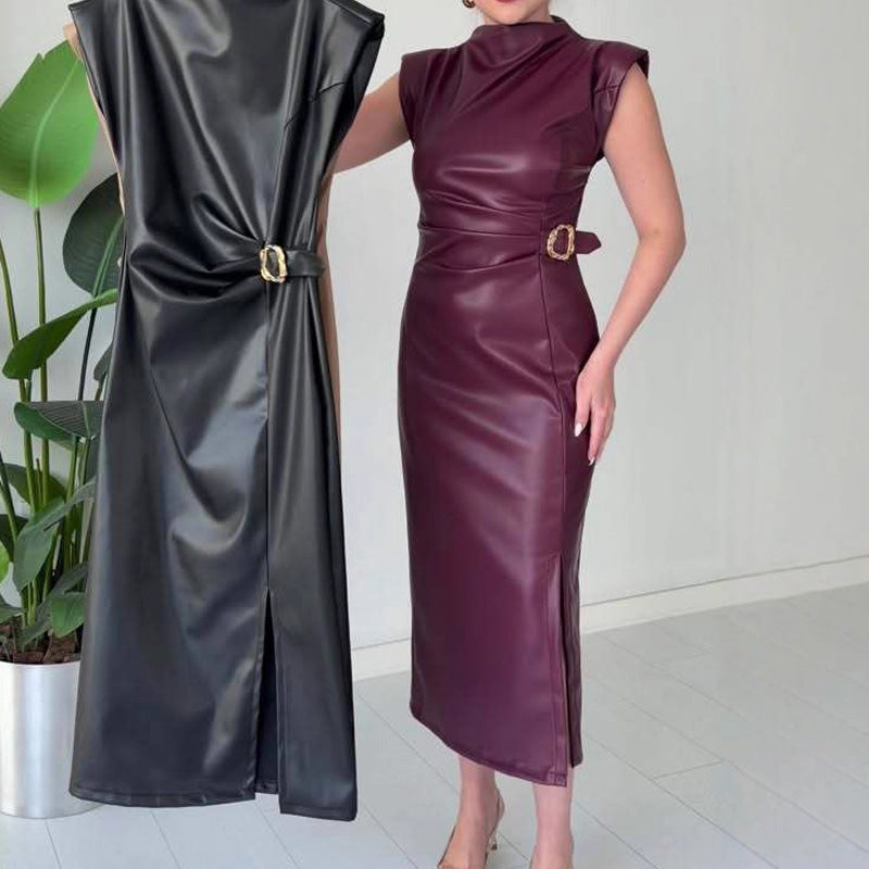 ⏳50 % DE RÉDUCTION MAINTENANT ! 👗💕Robe femme en simili cuir froissé, longueur midi🔥