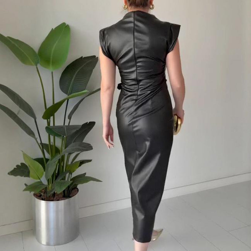 ⏳50 % DE RÉDUCTION MAINTENANT ! 👗💕Robe femme en simili cuir froissé, longueur midi🔥