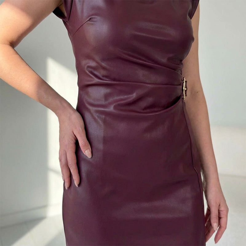⏳50 % DE RÉDUCTION MAINTENANT ! 👗💕Robe femme en simili cuir froissé, longueur midi🔥