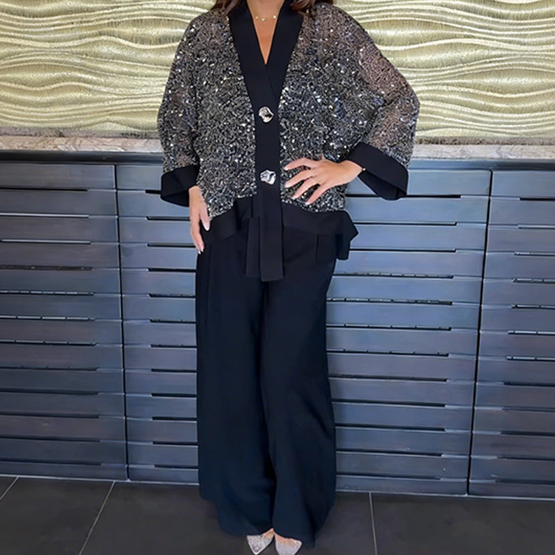 Ensemble 2 pièces pour femme comprenant un cardigan à col en V et à paillettes et un pantalon à jambes larges