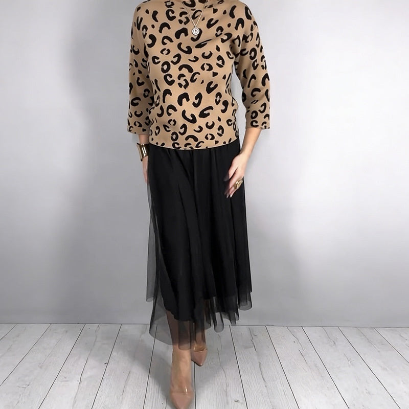 Ensemble 2 pièces pour femme : haut à imprimé léopard et jupe en maille
