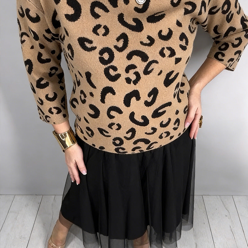 Ensemble 2 pièces pour femme : haut à imprimé léopard et jupe en maille