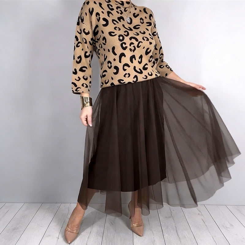 Ensemble 2 pièces pour femme : haut à imprimé léopard et jupe en maille