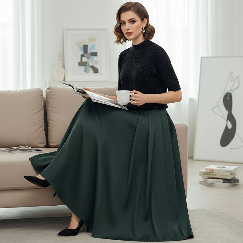 Ensemble élégant composé d'un pull à col haut orné de strass et d'une jupe trapèze