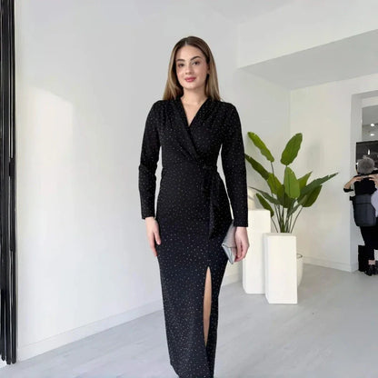 Robe fendue à encolure en V et effet scintillant pour femme