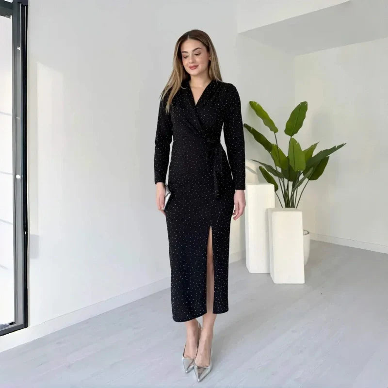 Robe fendue à encolure en V et effet scintillant pour femme
