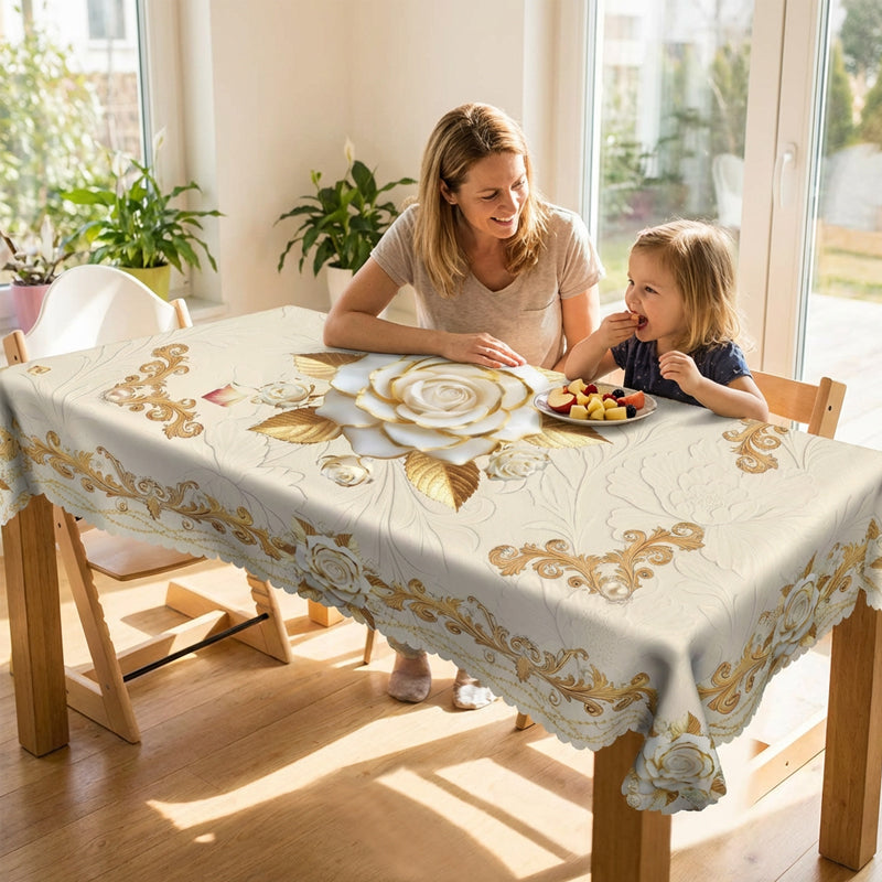 🪟 60% DE RÉDUCTION ! 🌹 Nappe imperméable rose dorée – Impression 3D élégante, Résistante aux taches & Facile à nettoyer ☀️