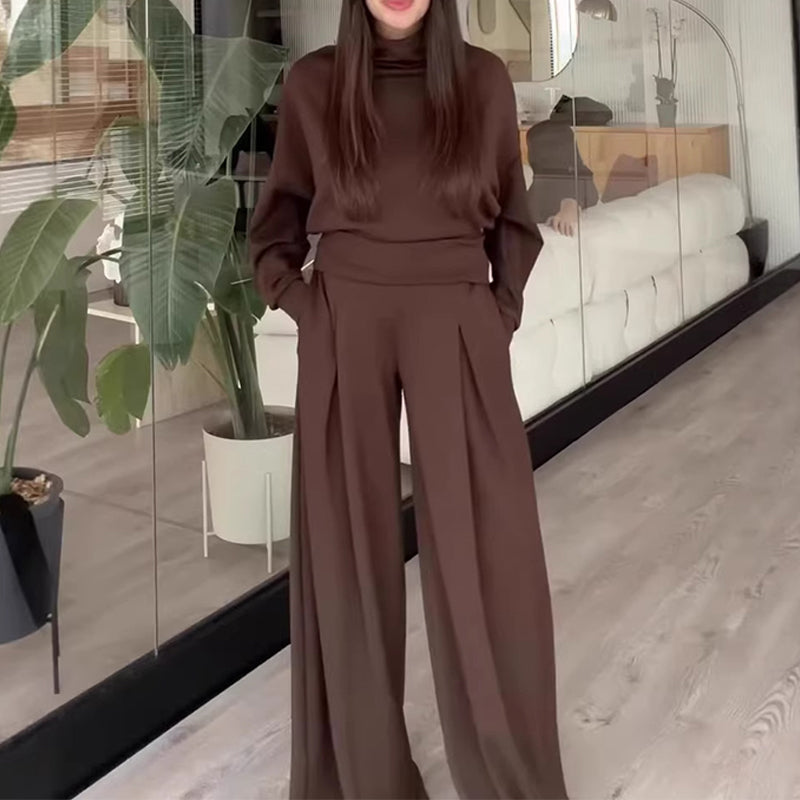 Ensemble 2 pièces pour femme comprenant un haut à col montant et un pantalon à jambes larges