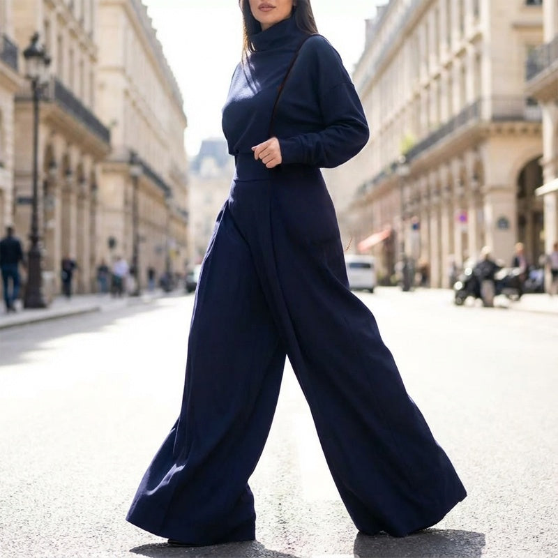 Ensemble 2 pièces pour femme comprenant un haut à col montant et un pantalon à jambes larges