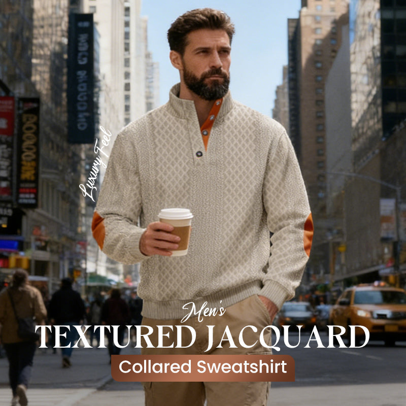 ✨👔 60% de réduction ! Sweat-shirt Homme à Col Jacquard Texturé – Coupe ample, coudières vintage & finitions premium